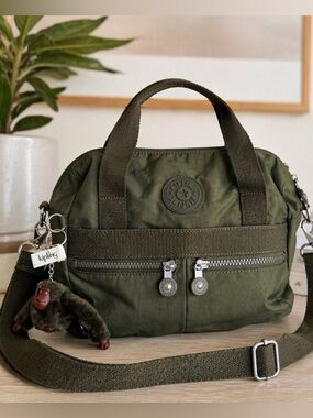 Kipling Olive Green Nylon Satchel Crossbody Bag Monkey Charm Multi Pocket EUC